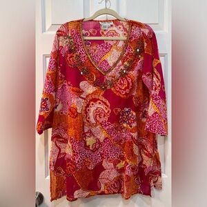 Jessica Taylor Pink Paisley Batik Tunic Cover Blouse Sz XL Sheer Beaded Cover Up